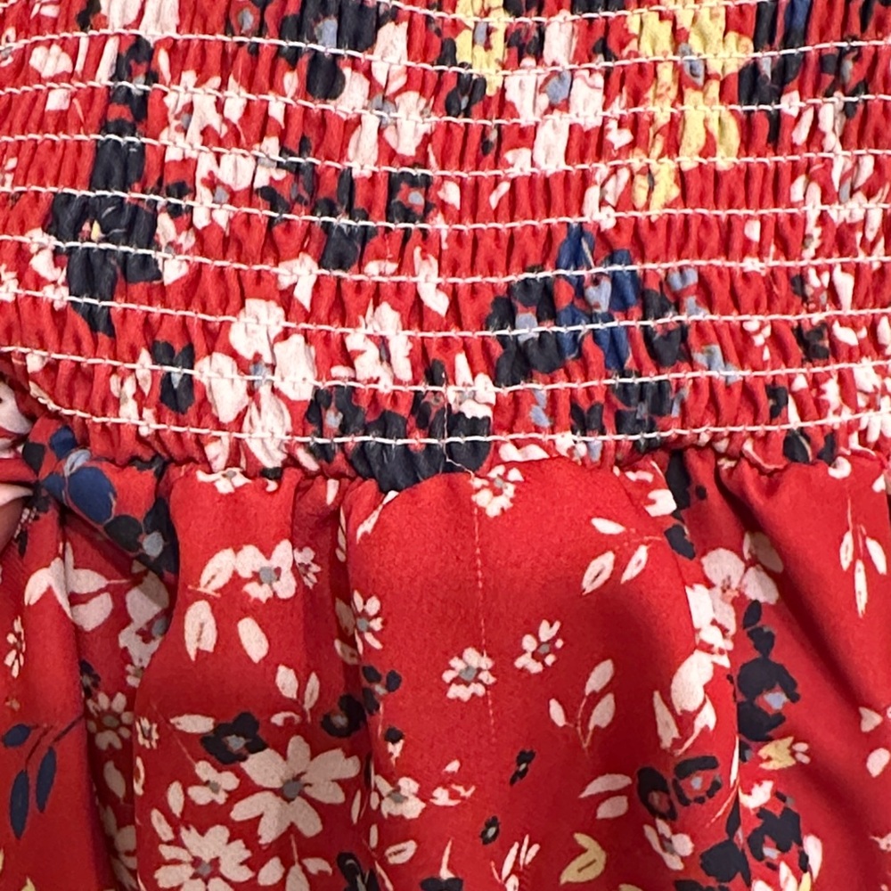 Parker Red Floral Blue Yellow White Print V-Neck Ruffle Elastic Mini Dress XS - Picture 5 of 7